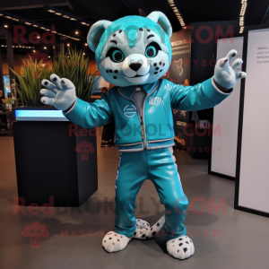 Turquoise Cheetah mascot costume character dressed with a Moto Jacket and Foot pads