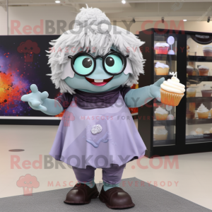 Gray Cupcake mascot costume character dressed with a Maxi Dress and Reading glasses