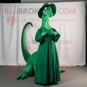 Forest Green Diplodocus mascot costume character dressed with a Wrap Dress and Hat pins