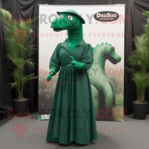 Forest Green Diplodocus mascot costume character dressed with a Wrap Dress and Hat pins