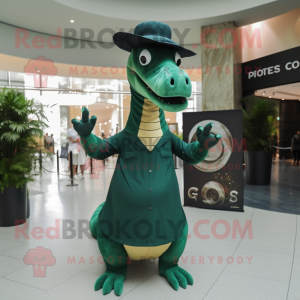 Forest Green Diplodocus mascot costume character dressed with a Wrap Dress and Hat pins