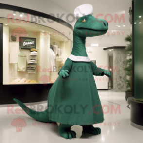 Forest Green Diplodocus mascot costume character dressed with a Wrap Dress and Hat pins