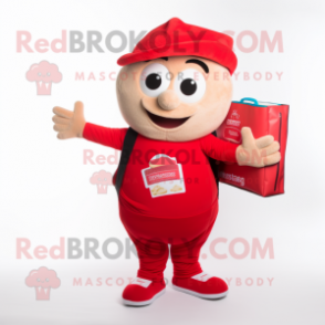 Red Lasagna mascot costume character dressed with a Joggers and Tote bags