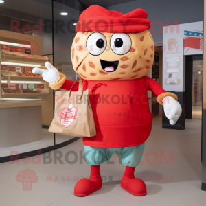 Red Lasagna mascot costume character dressed with a Joggers and Tote bags