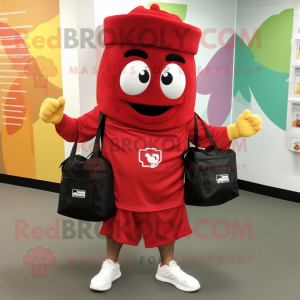 Red Lasagna mascot costume character dressed with a Joggers and Tote bags