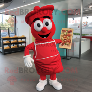 Red Lasagna mascot costume character dressed with a Joggers and Tote bags