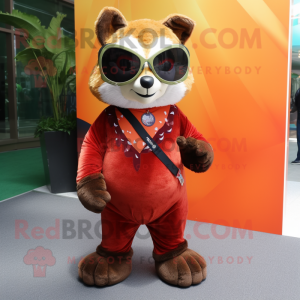 Olive Red Panda mascot costume character dressed with a Wrap Dress and Sunglasses