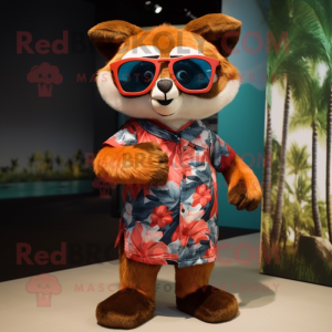 Olive Red Panda mascot costume character dressed with a Wrap Dress and Sunglasses