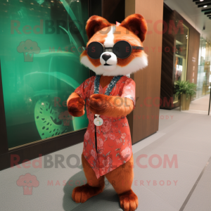 Olive Red Panda mascot costume character dressed with a Wrap Dress and Sunglasses