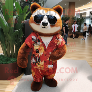 Olive Red Panda mascot costume character dressed with a Wrap Dress and Sunglasses