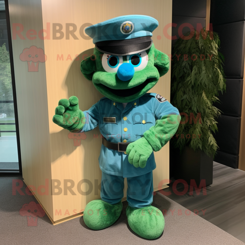 Cyan Green Beret mascot costume character dressed with a Dress Pants and Headbands Cyan Green Beret mascot costume character dressed with a Dress Pants and Headbands