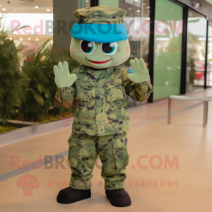 Cyan Green Beret mascot costume character dressed with a Dress Pants and Headbands