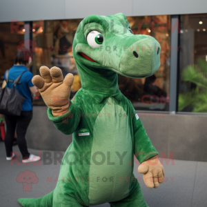 Green Diplodocus mascot costume character dressed with a Button-Up Shirt and Mittens