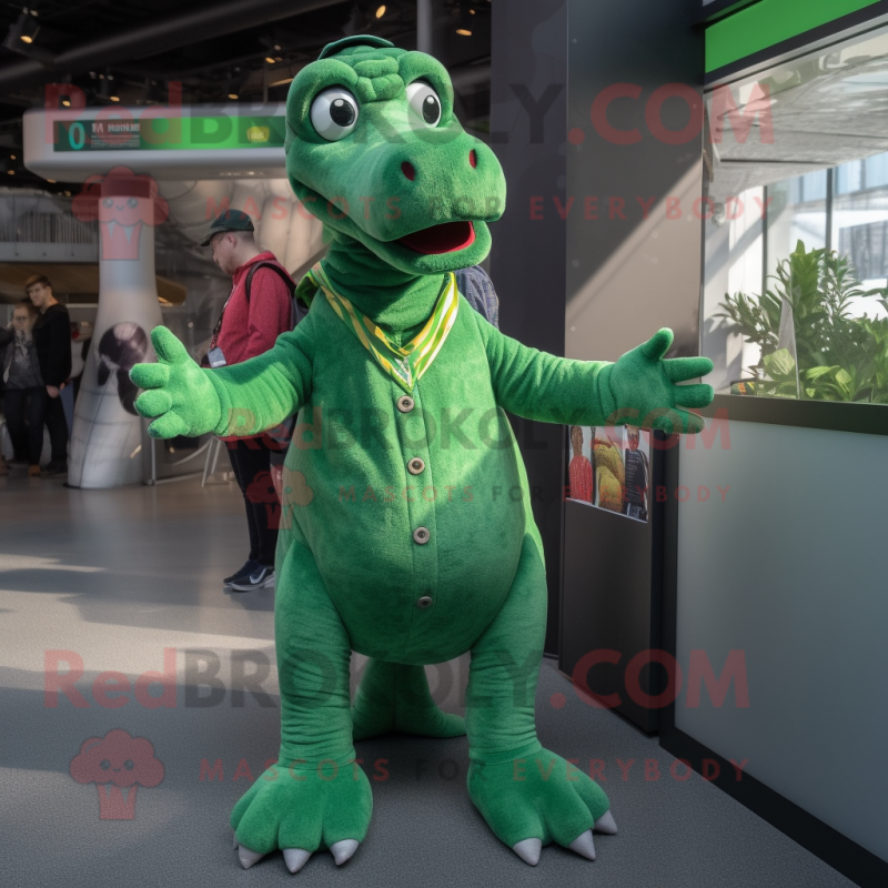 Green Diplodocus mascot costume character dressed with a Button-Up Shirt and Mittens Green Diplodocus mascot costume character dressed with a Button-Up Shirt and Mittens