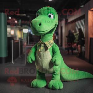 Green Diplodocus mascot costume character dressed with a Button-Up Shirt and Mittens