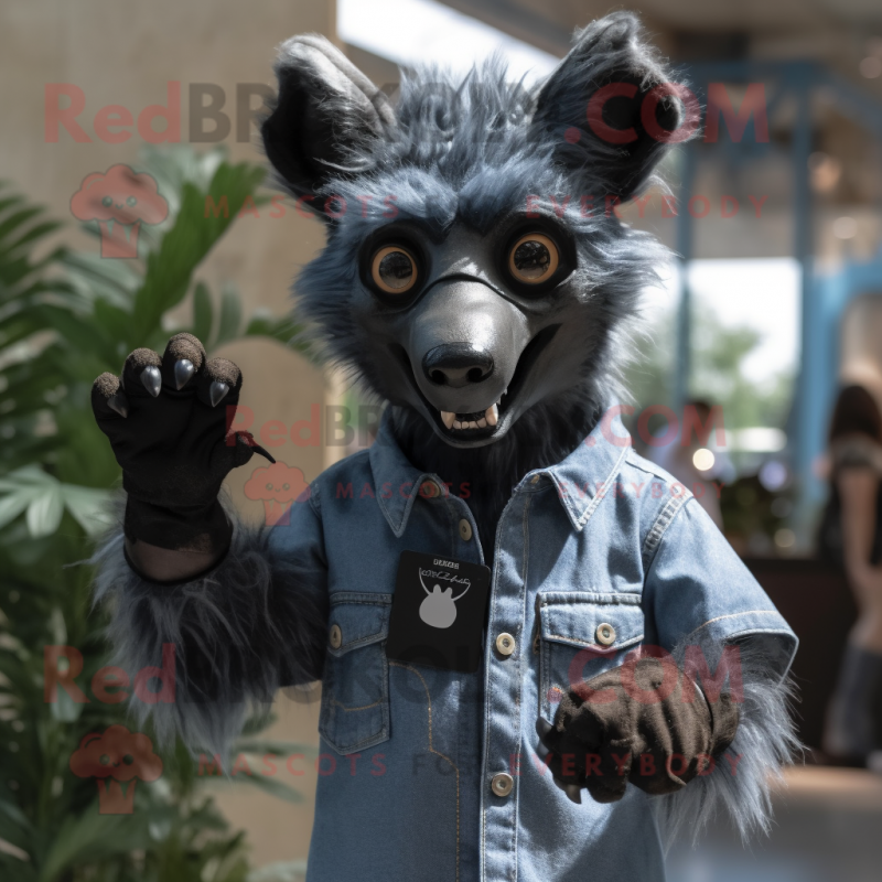 Black Hyena mascot costume character dressed with a Chambray Shirt and Rings Black Hyena mascot costume character dressed with a Chambray Shirt and Rings