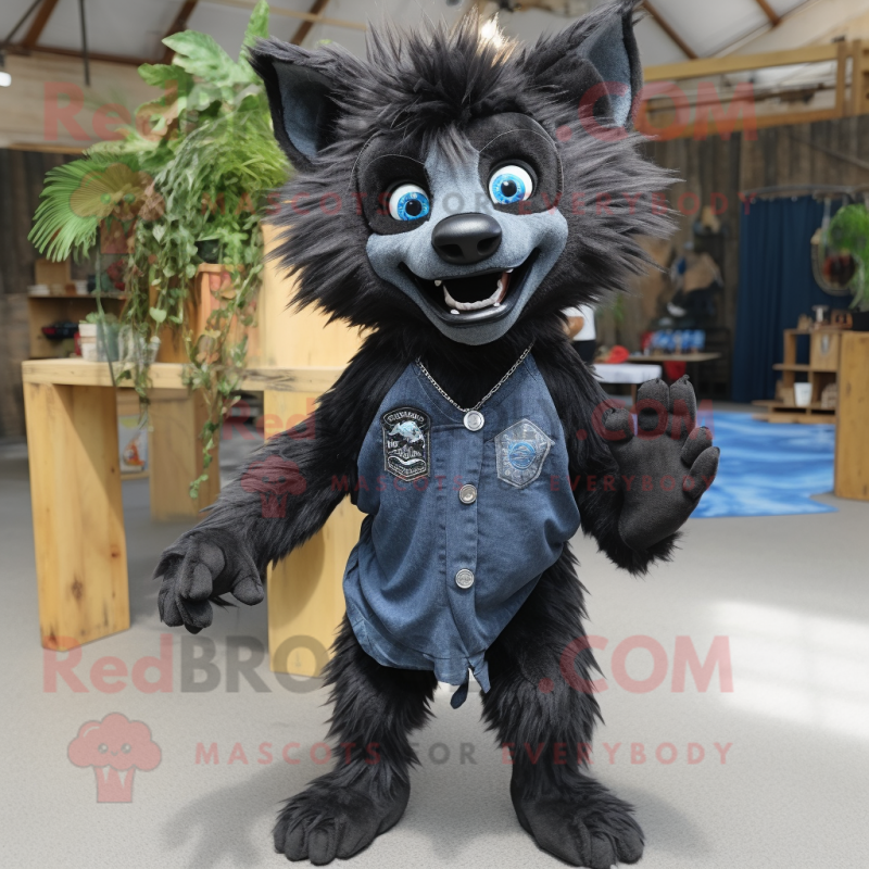 Black Hyena mascot costume character dressed with a Chambray Shirt and Rings