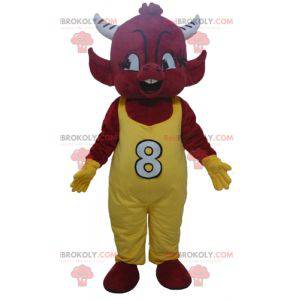 Red imp devil mascot in yellow overalls - Redbrokoly.com