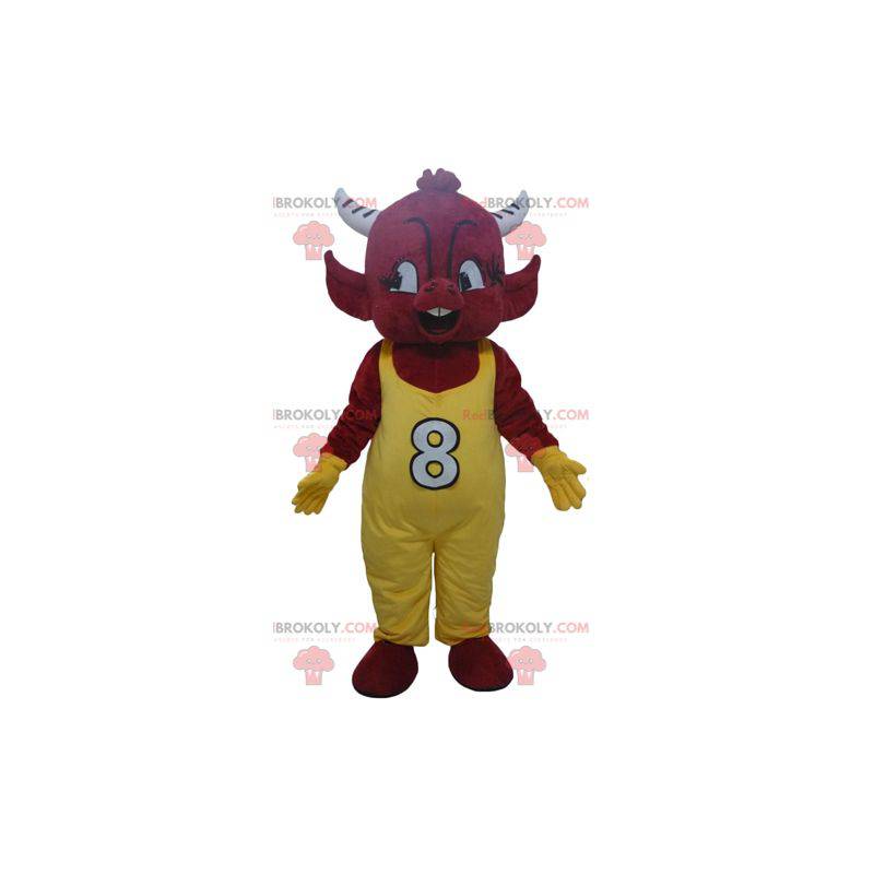 Red imp devil mascot in yellow overalls - Redbrokoly.com