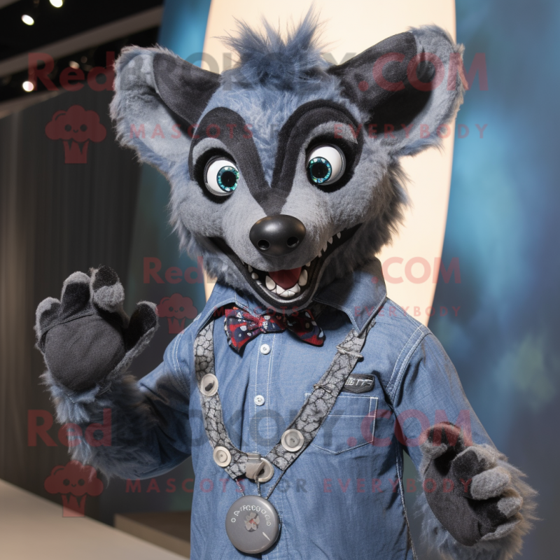 Black Hyena mascot costume character dressed with a Chambray Shirt and Rings