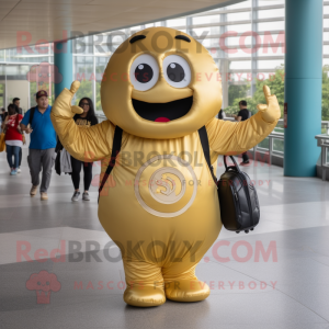 Gold Bagels mascot costume character dressed with a Jeggings and Messenger bags