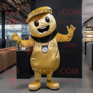 Gold Bagels mascot costume character dressed with a Jeggings and Messenger bags