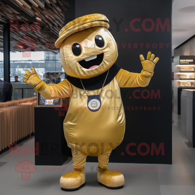 Gold Bagels mascot costume character dressed with a Jeggings and Messenger bags Gold Bagels mascot costume character dressed with a Jeggings and Messenger bags