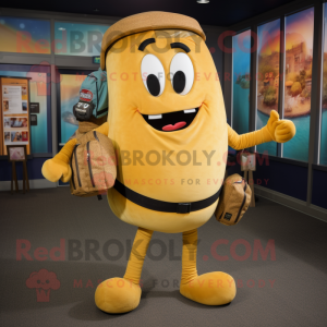 Gold Bagels mascot costume character dressed with a Jeggings and Messenger bags