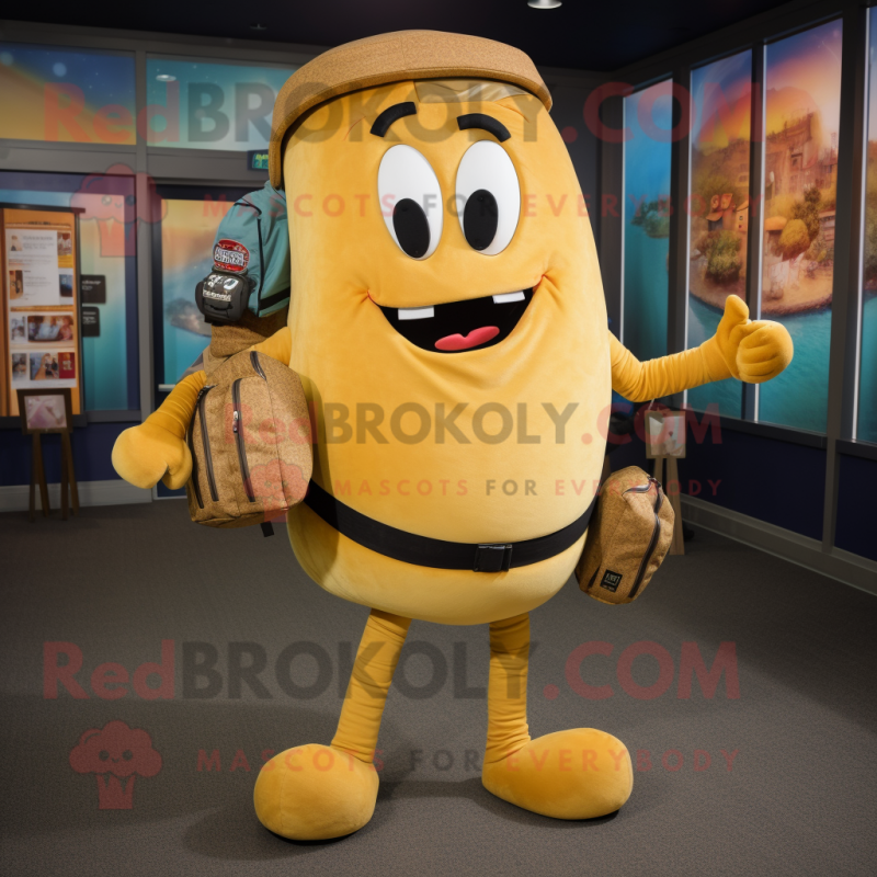Gold Bagels mascot costume character dressed with a Jeggings and Messenger bags Gold Bagels mascot costume character dressed with a Jeggings and Messenger bags
