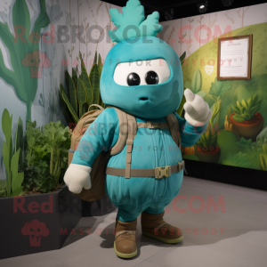 Teal Turnip mascot costume character dressed with a Parka and Backpacks
