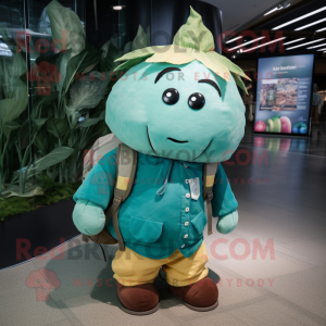 Teal Turnip mascot costume character dressed with a Parka and Backpacks