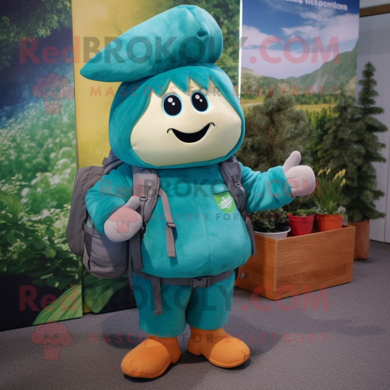 Teal Turnip mascot costume character dressed with a Parka and Backpacks Teal Turnip mascot costume character dressed with a Parka and Backpacks