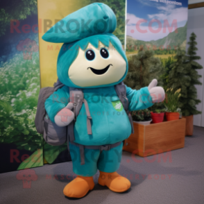 Teal Turnip mascot costume character dressed with a Parka and Backpacks