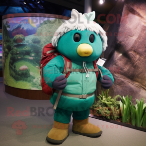 Teal Turnip mascot costume character dressed with a Parka and Backpacks