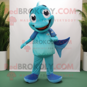 Turquoise Barracuda mascot costume character dressed with a Polo Shirt and Clutch bags