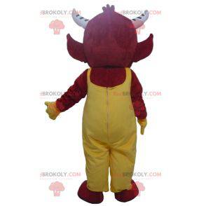 Red imp devil mascot in yellow overalls - Redbrokoly.com