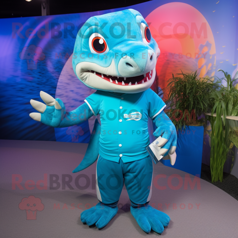 Turquoise Barracuda mascot costume character dressed with a Polo Shirt and Clutch bags