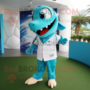 Turquoise Barracuda mascot costume character dressed with a Polo Shirt and Clutch bags