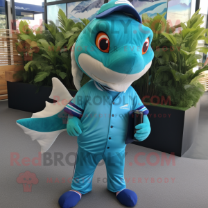 Turquoise Barracuda mascot costume character dressed with a Polo Shirt and Clutch bags