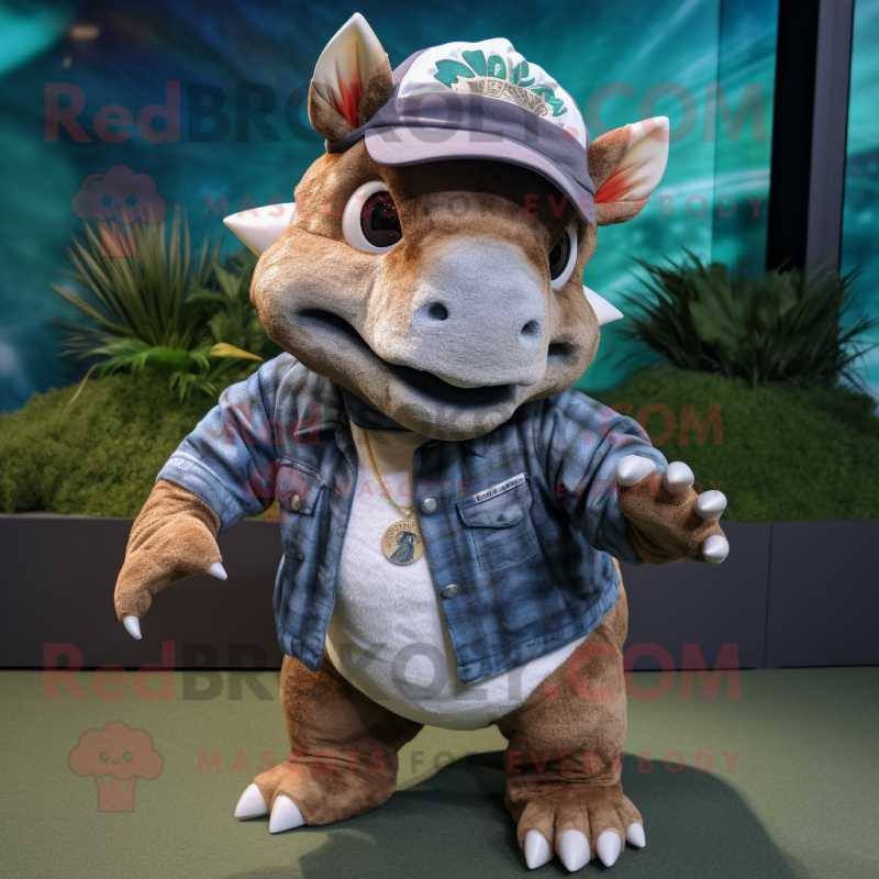 nan Triceratops mascot costume character dressed with a Button-Up Shirt and Caps nan Triceratops mascot costume character dressed with a Button-Up Shirt and Caps