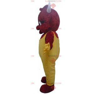 Red imp devil mascot in yellow overalls - Redbrokoly.com