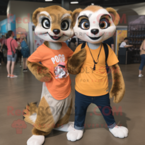 Peach Meerkat mascot costume character dressed with a Boyfriend Jeans and Hair clips