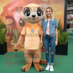 Peach Meerkat mascot costume character dressed with a Boyfriend Jeans and Hair clips