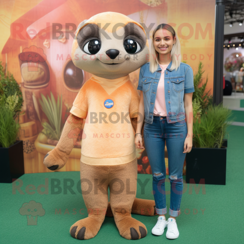 Peach Meerkat mascot costume character dressed with a Boyfriend Jeans and Hair clips