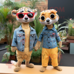 Peach Meerkat mascot costume character dressed with a Boyfriend Jeans and Hair clips