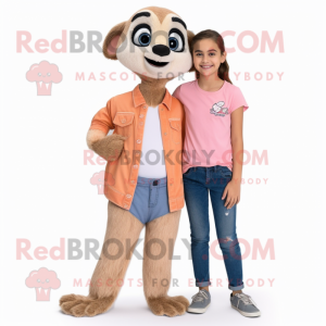 Peach Meerkat mascot costume character dressed with a Boyfriend Jeans and Hair clips