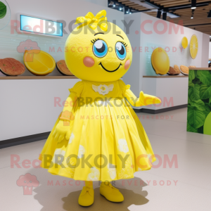 Lemon Yellow Lemon mascot costume character dressed with a Circle Skirt and Hair clips