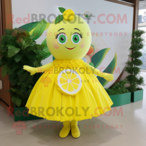 Lemon Yellow Lemon mascot costume character dressed with a Circle Skirt and Hair clips