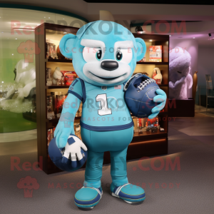 Cyan American Football Helmet mascot costume character dressed with a Romper and Messenger bags