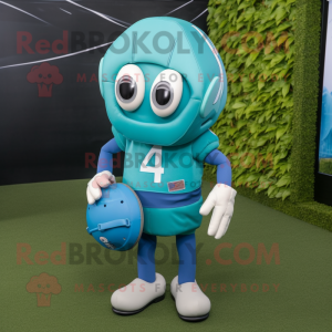 Cyan American Football Helmet mascot costume character dressed with a Romper and Messenger bags